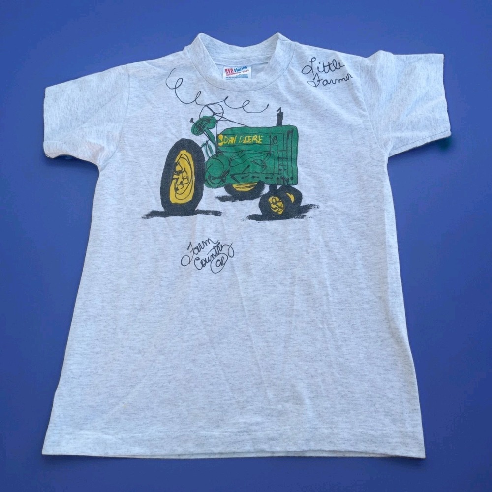 Vtg 90s John Deere Shirt Youth Boys Sz M 10-12 Tractor Farming t-shirt grey